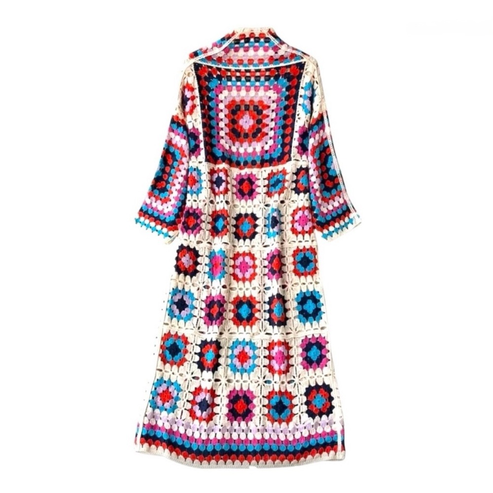 ❤️NWOT❤️ POL Long Crochet Granny Square Duster Cardigan Boho Multicolor One Size - Picture 7 of 7